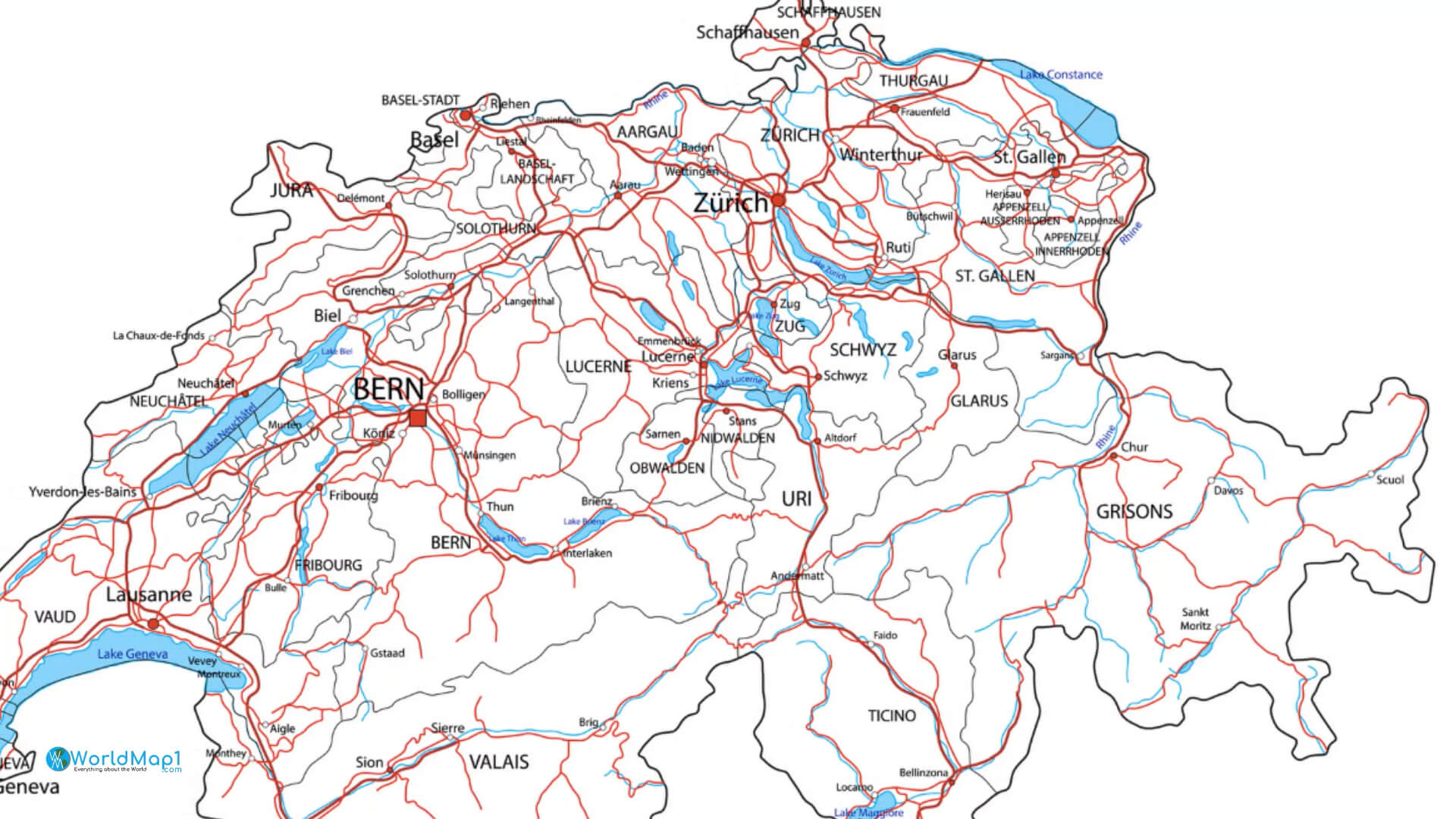 Switzerland Main Roads Map